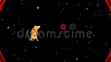 金色的中国新年背景，红色，金色和黑色，老鼠，烟花，闪烁的星星3D渲染循环4k